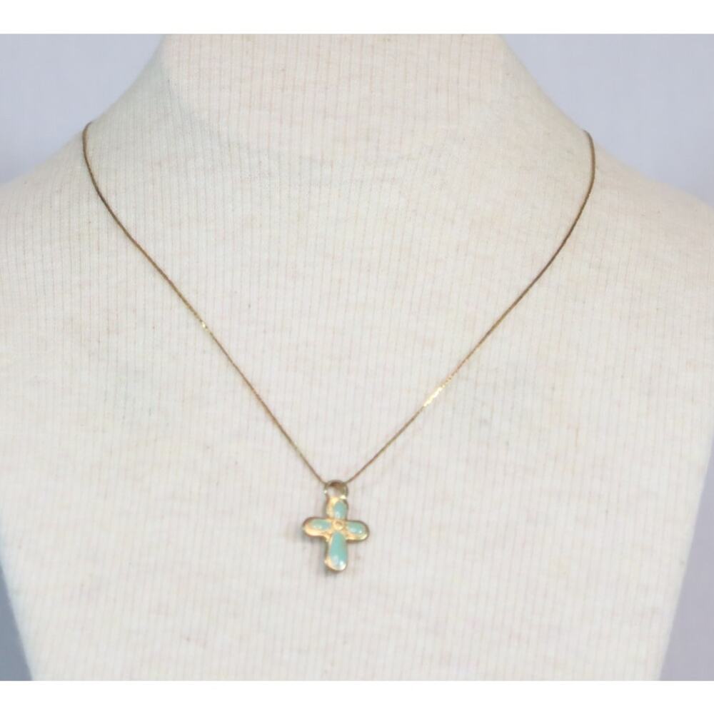 💎Barely There Cross Necklace Gold Tone Thin Chain Mint Enamel Pendant